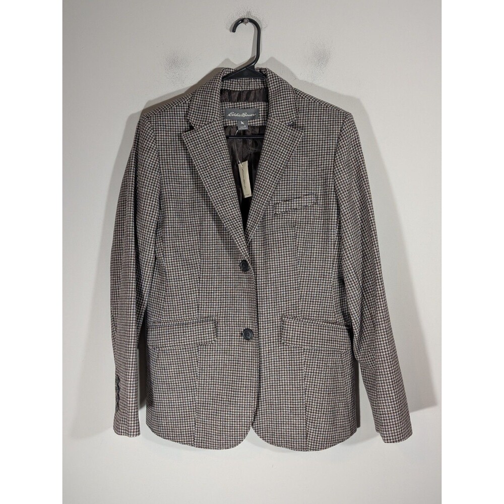 Eddie Bauer Brown Houndstooth Wool Blazer Sz 8 Dark Academia Heritage Preppy
